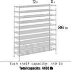 21" Deep x 72" Wide x 86" Height Wire Shelving Kit | 10-Tier | NSF Commercial Storage Rack Unit