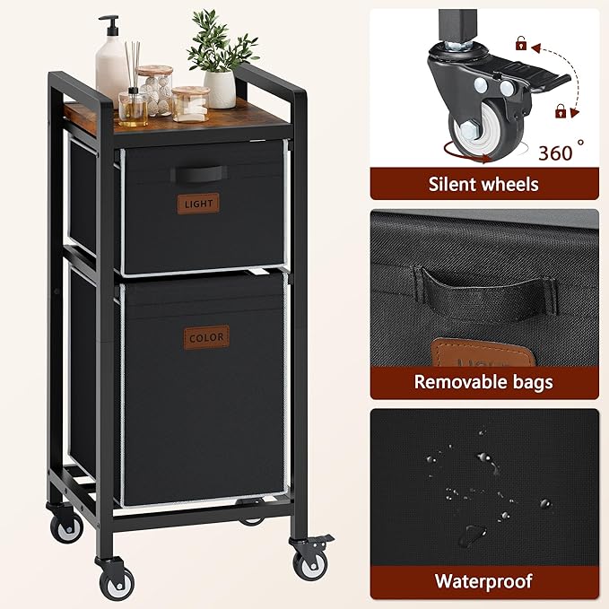 FAVOOSTY Laundry Hamper with Wheels, 70L Laundry Basket Organizer, Laundry Hamper with Shelf, 2 Section Laundry Sorter for Laundry Room Organization, Bathroom Shelf Black
