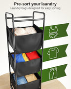 Moforoco Vertical Laundry Sorter 3 Section with Removable Bag, Laundry Hamper with Wheels, 120 L Rolling Laundry Baskets organizer for Bathroom, Apartment, Dorm Room, Black