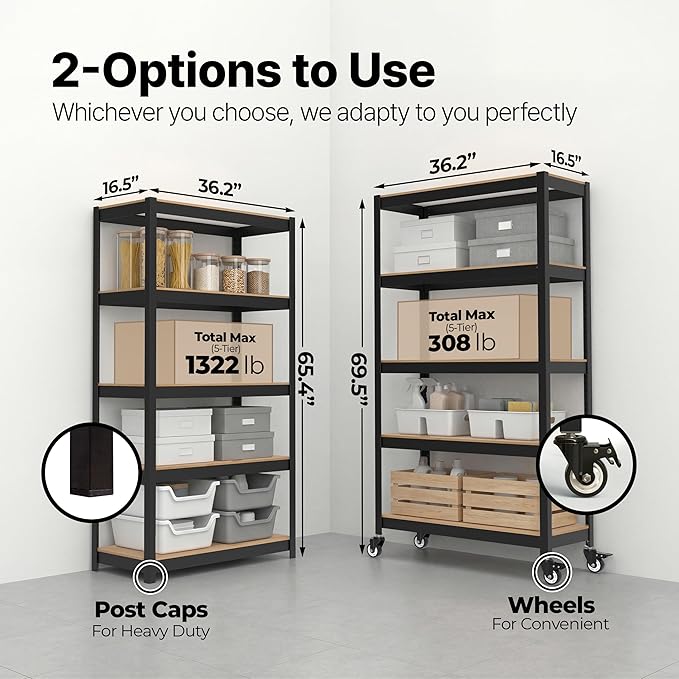 HOMEDANT House 5 Tier Heavy Duty Garage Shelving Adjustable Metal Rack Storage Shelves Standing Shelf Unit Organizers Pantry Closet Office (1, Black, (Wheels) 36.2" W x 16.2" D)