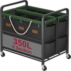 Tajsoon 350L Extra Large Laundry Sorter 6 Section, Heavy Duty Laundry Basket with Lockable Wheels, Laundry Cart with Sturdy Metal Frame, Leather Patchwork Laundry Separated with Removable Bags, Black