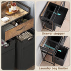 Laundry Sorter with 2 Drawers, 150L with Pull-Out Removable Laundry Bags, Laundry Hamper Baskets with 3 Section and Wheels, Rustic Brown and Black