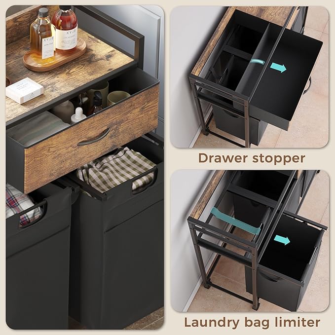Laundry Sorter with 2 Drawers, 150L with Pull-Out Removable Laundry Bags, Laundry Hamper Baskets with 3 Section and Wheels, Rustic Brown and Black
