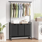 Laundry Sorter 3 Section With Extendable Hanging Bar, Heavy Duty Laundry Basket With Rolling Lockable Wheels And Shelf, Laundry Room Organization And Storage