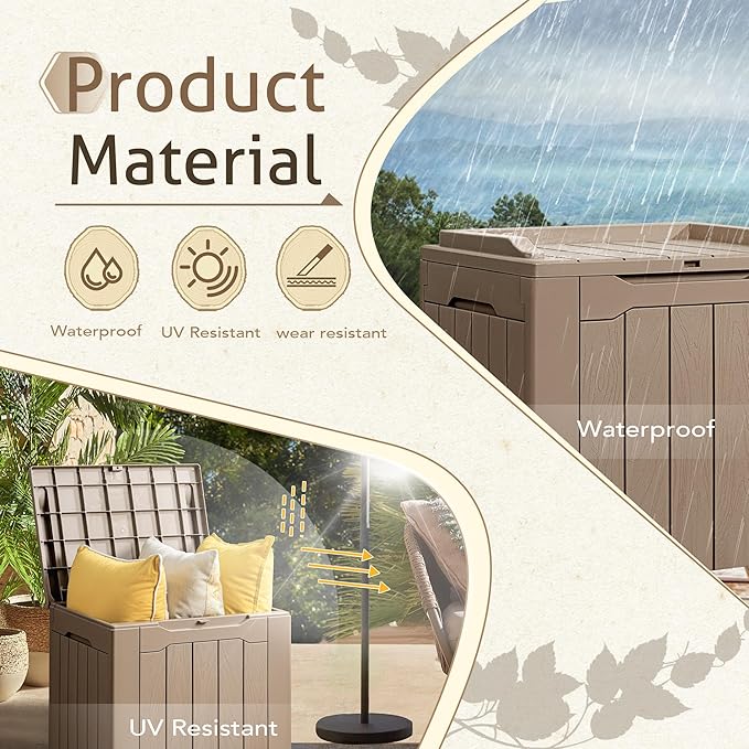 Flamaker Deck Box 31 Gallon Waterproof Resin Small Deck Box with Lid, Indoor Outdoor Package Delivery Box, Organization and Storage for Patio Furniture, Garden Tools, Outdoor Cushions (Light brown)