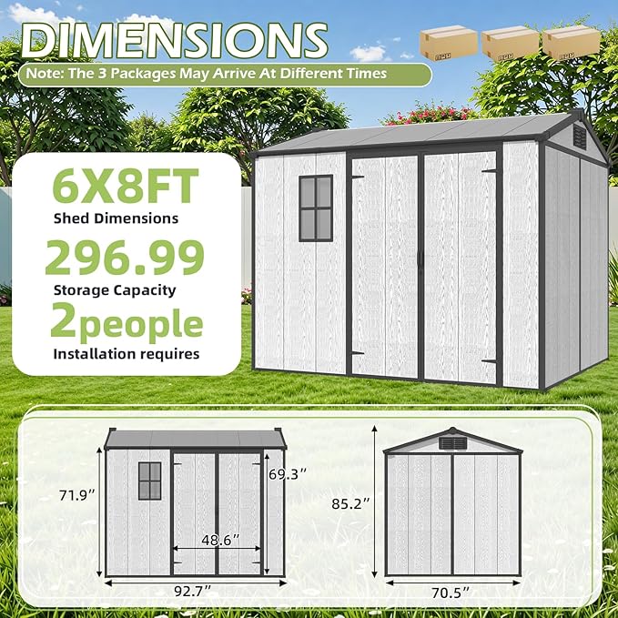 6 x 8 FT Resin Outdoor Storage Shed, All-Weather Plastic Garden Shed with Floor, Lockable Doors & Windows, Plastic Tool Shed for Poolside, Patio, Backyard