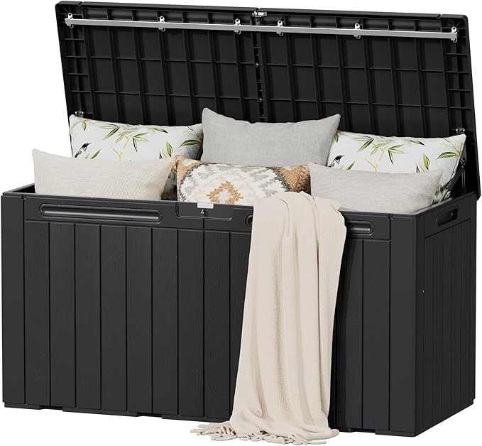 Flamaker Resin Deck Box 100 Gallon Large Lockable Outdoor Storage Box Waterproof Deck Chest for Patio Cushions, Garden Tools, Accessories (Black)