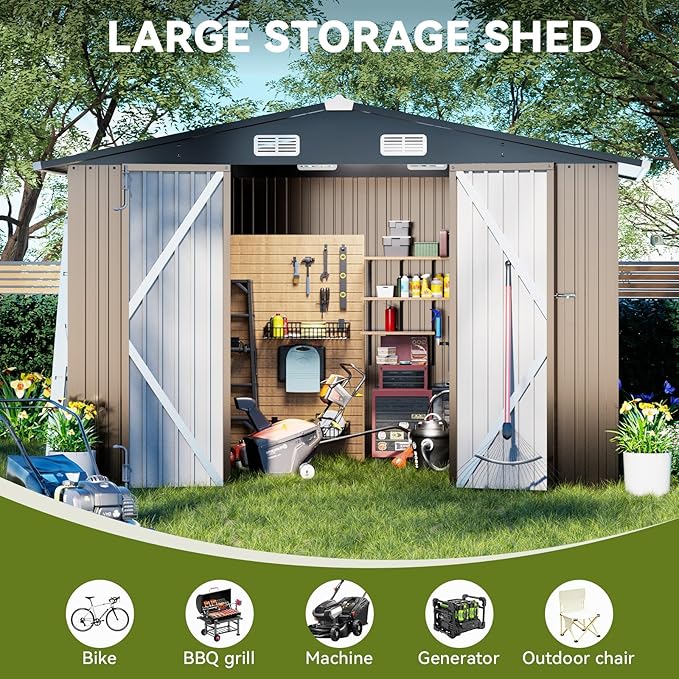 COMHOMA Shed Outdoor Storage Shed Metal,Lockable Doors Tool Sheds with Sloping Roof,Steel Garden Shed with Air Vent for Backyard,Patio,Lawn,Poolside (Brown, 10'x10')