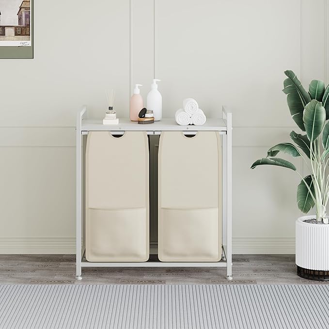Laundry Sorter, Freestanding White Hamper Basket, 2 Section Organizers and Storage, Pull-Out Fabric Bags, 100lb Capacity MDF Shelf, Metal Frame, 48L Bags, 26.8x13x28.5 Inch