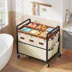 Tajsoon 350L Extra Large Laundry Hamper 6 Section, Heavy Duty Laundry Cart with Wheels, Commercial Laundry Sorter with Sturdy Metal Frame, Removable Bags & Leather Patchwork, Beige
