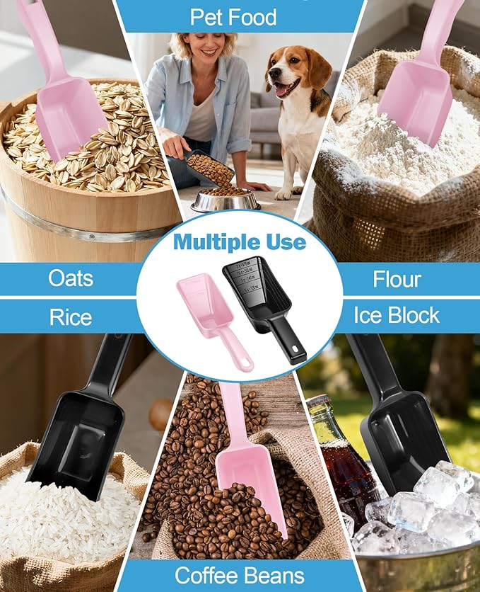 2-Pack Dog Food Scoop Set,1 Cup and 2 Cup Plastic Pet Food Measuring Scoops with Clear Measurement Lines,Multi-Purpose Pet Food Scooper for Dogs, Cats (Pink and Black)