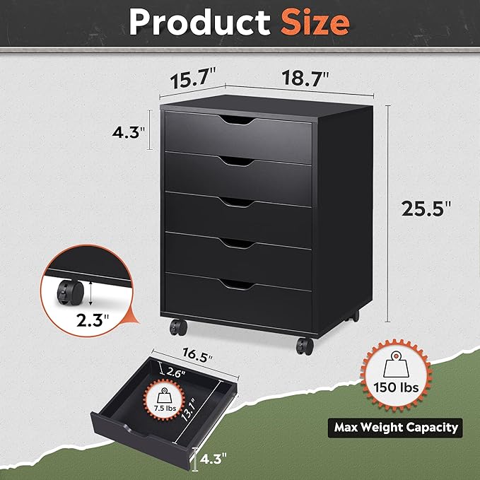 DEVAISE 5-Drawer Chest, Wood Storage Dresser File Cabinet with Wheels, Mobile Dresser for Home Office, Black