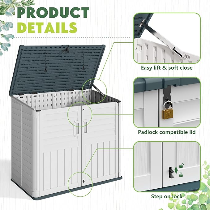 Greesum Outdoor Storage Shed 34 Cu Ft with Lockable Doors, Waterproof Outdoor Storage Cabinet for Trash Cans, Patio Cushions, Gardening Tools with Wood Grain Finish (Beige)