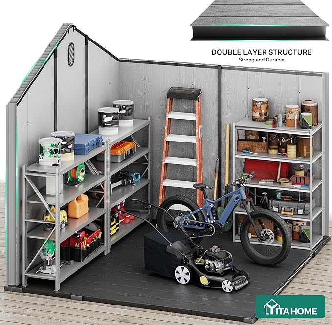 YITAHOME 8x8ft Outdoor Plastic Storage Shed with Floor, Extra Thick Waterproof Garden Shed with Lockable Door, Oval Vision Windows &Vents, 16mm Heavy Duty Tool Storage for Patio, Lawn, Bikes, Gray