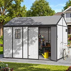 10 x 8 FT Resin Outdoor Storage Shed, All-Weather Plastic Garden Shed with Windows, Lockable Doors & Floor, Plastic Tool Shed for Poolside, Backyard, Patio