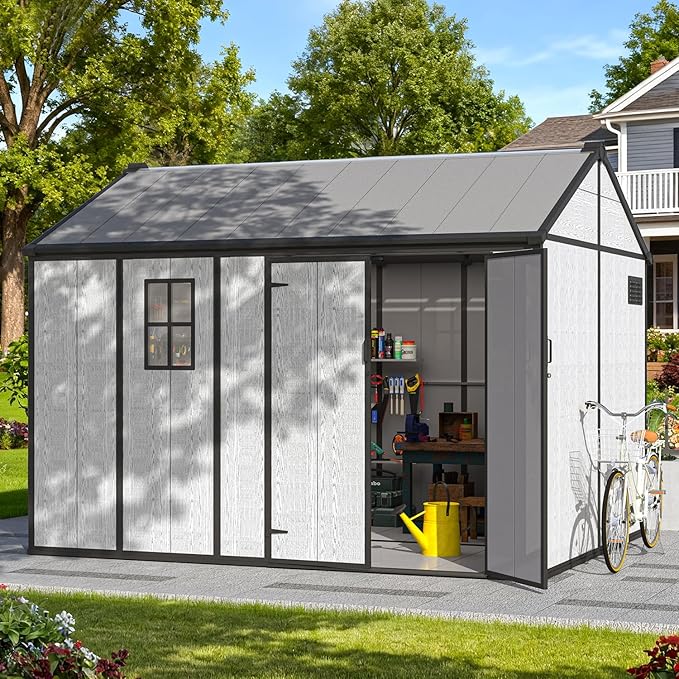 10 x 8 FT Resin Outdoor Storage Shed, All-Weather Plastic Garden Shed with Windows, Lockable Doors & Floor, Plastic Tool Shed for Poolside, Backyard, Patio