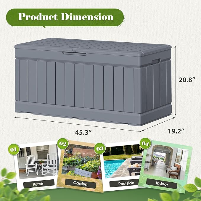 Flamaker Outdoor Storage Box 80 Gallon Resin Waterproof Deck Box Delivery Box with Wood Texture Large Storage Bin for Patio Cushions, (Grey)