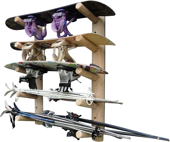 5-Place Wall-Mounted Skis/Snowboard Log Rack - Poles & Ski Wall Mount, Snowboards Wall Rack, Indoor & Outdoor Ski Holders for Walls, Hangers for Skis Indoor Storage - Natural