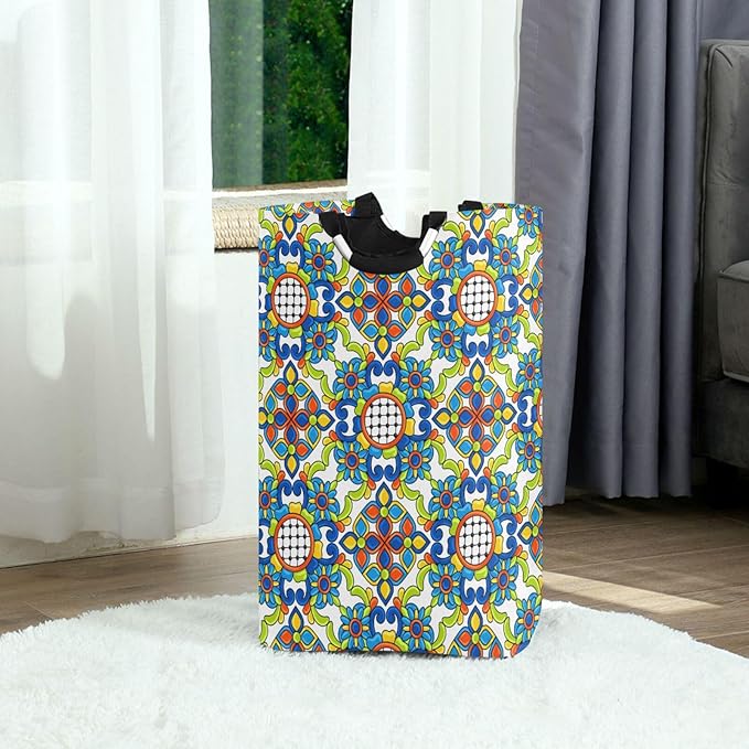 Mexico Talavera Tiles Laundry Basket for College Dorm,50L Collapsible Portable Laundry Hamper Storage Basket for Toys Clothes Organizer