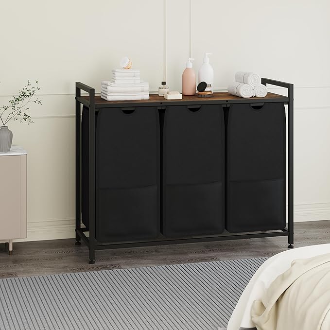 Laundry Sorter with 100lb Wood Shelf, Black 3-Section Hamper, Heavy Duty Metal Basket, Pull-Out 48L Bags Organizers and Storage, Freestanding, 36.6x13x28.5 in