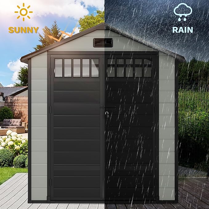 DWVO 6x4.4 FT Resin Storage Shed with Fence-Style and Side Windows, Lockable Door, and Vents Outdoor Storage Shed for Garden, Backyard, Patio, Lawn