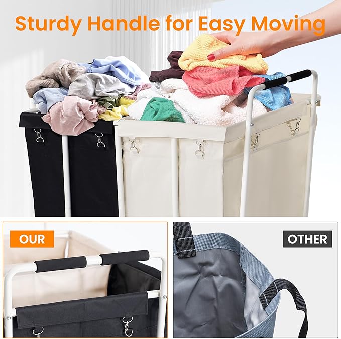 280L 2 Section Laundry Sorter Cart, Rolling Heavy Duty Laundry Sorter, Large Laundry Hamper with Removable Bags for Laundry Room, Bathroom, Hotel, Black & Beige