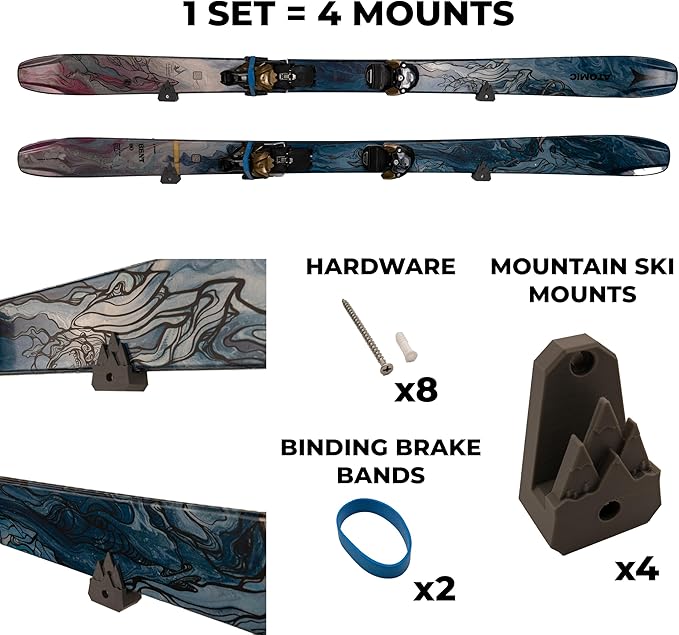 Horizontal Wall Ski Holder – Space-Saving Ski Wall Mount for Garage & Home Storage | Holds 1 Pair of Skis | Mountain, Snowflake & No Design Styles (Orange, Mountain | With Gear Hook)