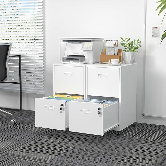 2 Drawer File Cabinet with Lock，White Rolling File Cabinet for Home Office, Metal Small Mobile Filing Cabinets on Wheels for Hanging Letter