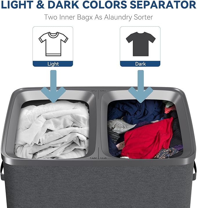 Dual Section 90 liter/23.8 gallon Laundry Hamper Separation Basket with lid, 2 Removable Washing Bags with Handles,Large Laundry Sorter for Easy Clothes Separation - Dark Gray