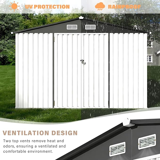 6x8 ft Metal Storage Shed, Outdoor Garden Tool Shed with Lockable Doors & Sloped Roof, Rustproof Galvanized Steel Shed for Backyard, Patio, Lawn White