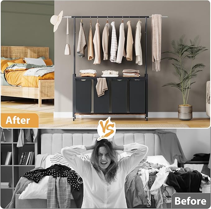 Laundry Sorter, Rolling Laundry Hamper 4-Section with Hanging Rack & Wheels,Laundry Basket Organizer for Laundry Room, Rustic Brown