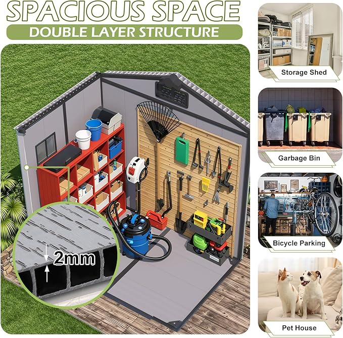 6x4 FT Resin Outdoor Storage Shed, All-Weather Plastic Garden Shed with Floor, Lockable Doors & Windows, Plastic Tool Shed for Poolside, Backyard, Patio