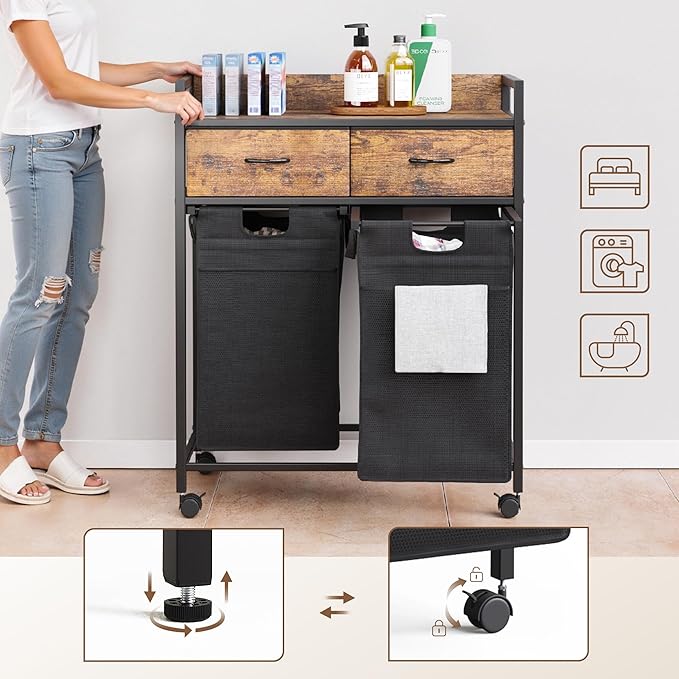 Laundry Sorter with 2 Drawers, 100L with Pull-Out Removable Laundry Bags, Laundry Hamper Baskets with 2 Section and Wheels, Rustic Brown and Black