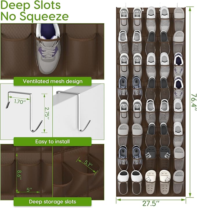 Unjumbly Over the Door Shoe Organizer with 40 Large Breathable Mesh Pockets, Space Saving Shoe Holder, Hanging Shoe Rack for Entryway Bedroom Closet Storage (Brown, 40 Pockets)