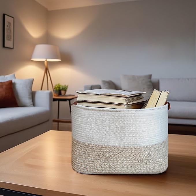 Small Cotton Rope Storage Basket with Leather Handles, 15 "L x 11.5" W x 7.5 "H, Home Decor Basket, Durable & Stylish Organizer for Home.(Small Light Khaki)