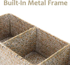 Seagrass Shelf Basket with Dividers, Rectangular Woven Storage Baskets for Organizing, Decorative Wicker Narrow Basket Tray with 3 Sections for Shelves, Toilet Tank, Bathroom Counter