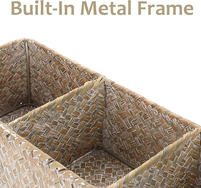 Seagrass Shelf Basket with Dividers, Rectangular Woven Storage Baskets for Organizing, Decorative Wicker Narrow Basket Tray with 3 Sections for Shelves, Toilet Tank, Bathroom Counter