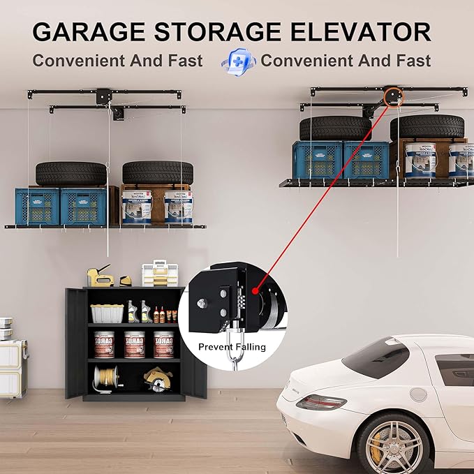 4x4 Garage Ceiling Storage Racks With Crank Lift, Garage Overhead Storage Racks For High Ceilings 10–12 Ft, 250 Lbs Load Capacity, All-Steel Frame, Garage Organization System (8 x 4)