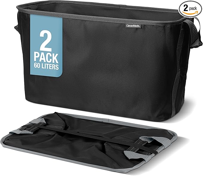 CleverMade Collapsible Laundry Basket 2 Pack – 60L (16 Gal) Foldable Clothes Hamper with Reinforced Handles, Space Saving Fabric Laundry Bin, Holds 55 lbs, Flat Folding for Home & Travel - Black