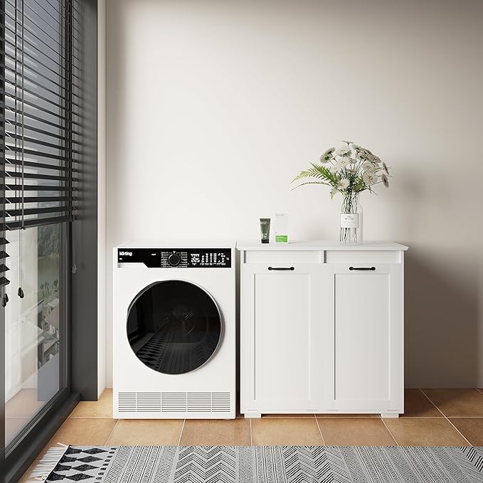 Tilt Out Laundry Sorter Cabinet with 2 Removable Liner Bags,Divided Laundry Hamper Cabinet with Semi-Circular Metal Handle and Barn Door for Space Saving (Style-02)