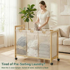 Homykic 250L Laundry Sorter Cart with Wheels, 3-Section Rolling Laundry Basket with Removable Bags, 66 Gal Large Laundry Hamper Organizer, Heavy Duty Bamboo Frame, Water-Resistant, Black