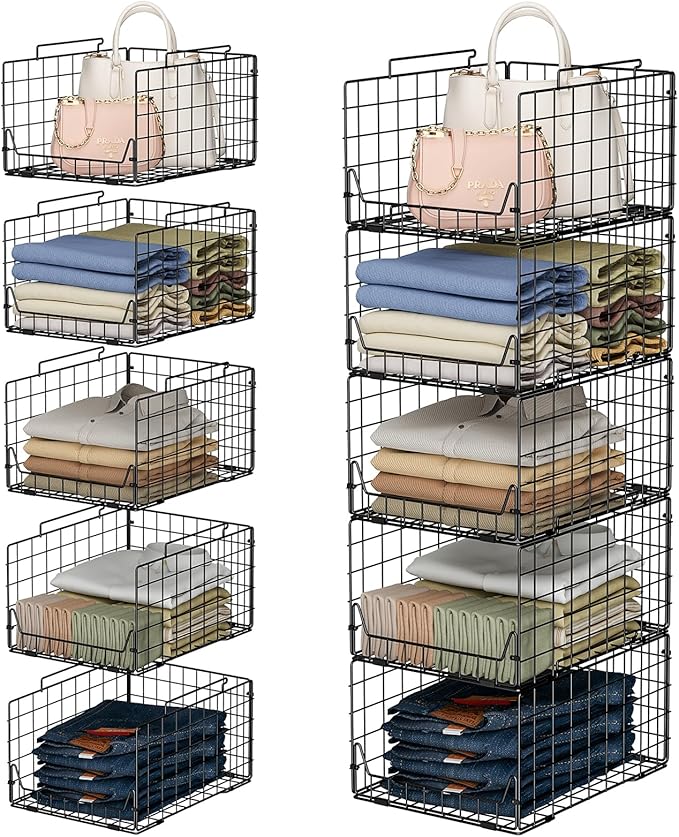 5-Tier Stackable Closet Organizer Shelf – Foldable Metal Storage Bins for Clothes, Sweaters & Towels | Stylish Black Wire Baskets for Bedroom, Wardrobe, Dorm or Entryway