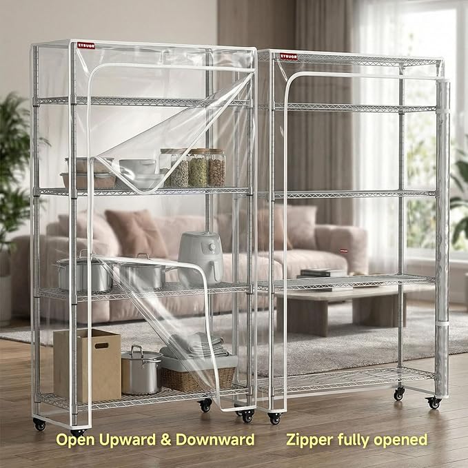 Large Clear PVC Wire Shelving Cover, 48" W x 24" D x 72" H, 3-Way Opening with Two-Way Zippers, Heavy-Duty Transparent Shelf Cover for Garage, Storage & Utility Areas