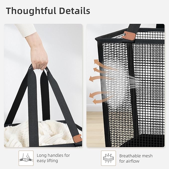 STORAGE MANIAC Collapsible Laundry Basket, 16.9 Gal. Large Pop-up Laundry Hamper with Long Carry Handles, Space-Saving Foldable Clothes Hamper with Bottom Elastic Band, Travel Laundry Bags, Mesh Black