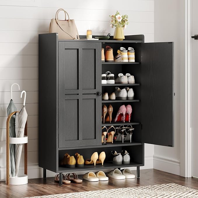 ONBRILL Shoe Cabinet with Cross Molding Doors, 6-Tier Shoe Storage Cabinet with 3 Adjustable Shelves and Metal Legs, 45'' Tall Shoes Rack Organizer Cabinet for Entryway, Front Door, Black