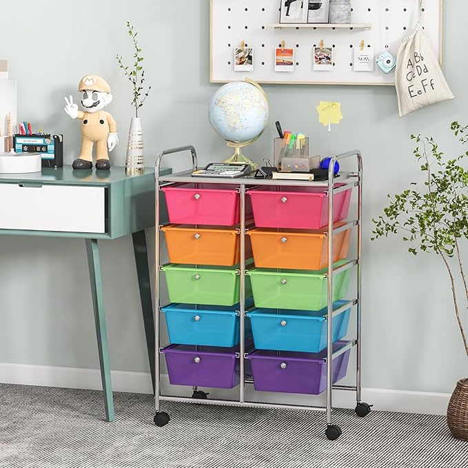 Giantex 10 Drawers Rolling Cart, Classroom Organizers, Storage Cart with Wheels, for Teacher Office Home School Supplies Tool Craft Art Paper