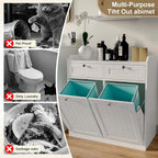Double Tilt Out Trash Can Cabinet, Dog-Resistant, Fits 13.8"H Bins (Max 11.8"x11.8" Base), Includes Removable Fabric Hamper, Easy Assembly, White for Kitchen & Laundry