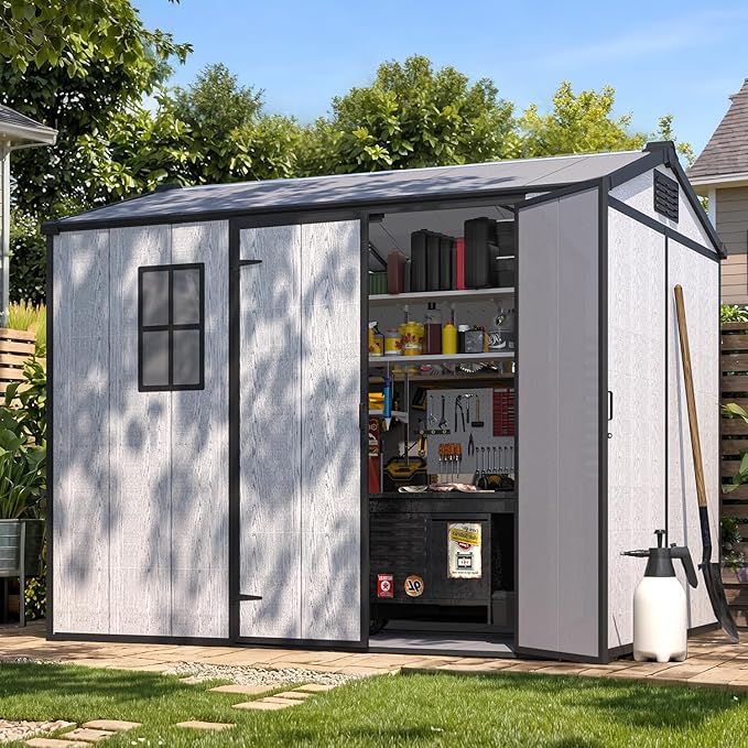 6 x 8 FT Resin Outdoor Storage Shed, All-Weather Plastic Garden Shed with Floor, Lockable Doors & Windows, Plastic Tool Shed for Poolside, Patio, Backyard
