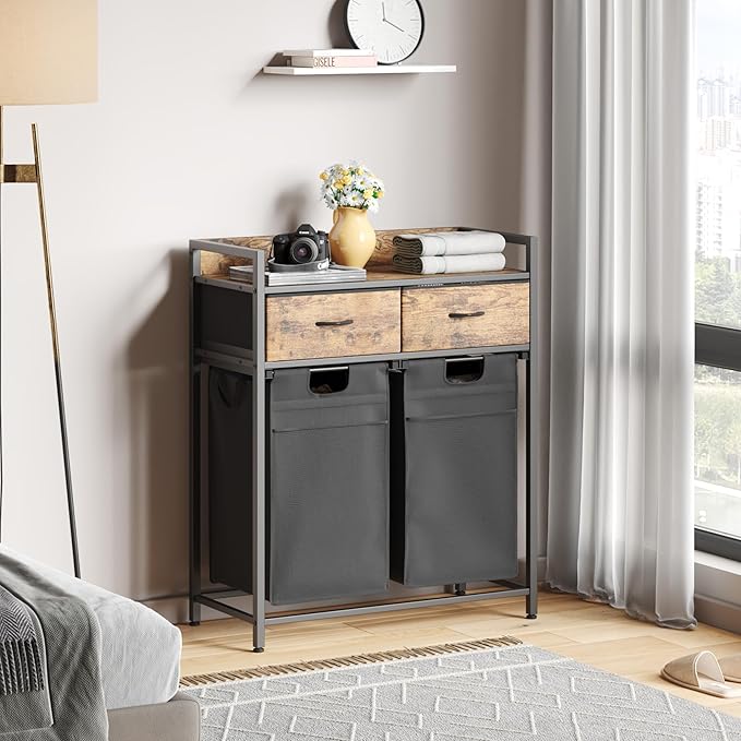 Laundry Sorter with 2 Drawers, 100L with Pull-Out Removable Laundry Bags, Laundry Hamper Baskets with 2 Section and Wheels, Rustic Brown and Black