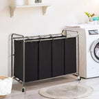 STO STO Laundry Sorter 4 Section, 4 Bag Clothes Hamper, Rolling Laundry Cart Basket with Heavy Duty Lockable Wheels and Removable Bag for Laundry Room, Bedroom, Closet, Black